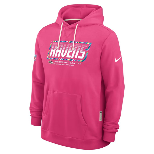 Men's Pink Baltimore Ravens 2026 Crucial Catch Sideline Standard Issue Dri-FIT Pullover Hoodie
